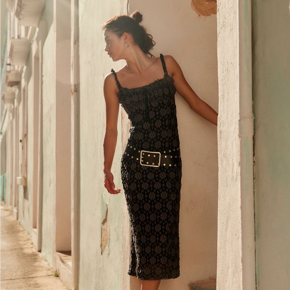 Free People Black Floral Midi Dress Lucinda XS